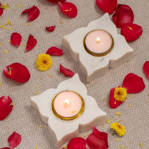 Floral-Star Marble Tea-Light Holder — Brass Inlay (approx. 4 inches )