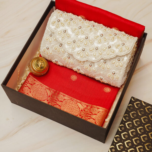 Banarasi Dupatta & Designer Clutch Gift Box- Red-3
