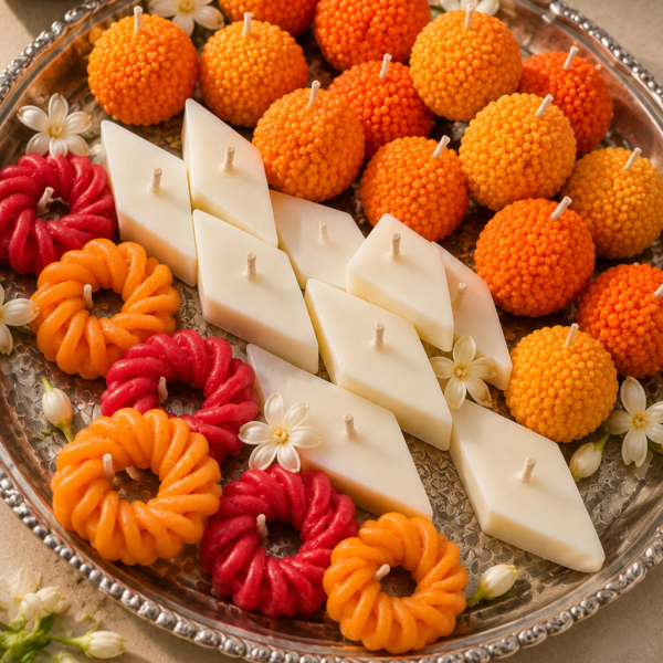 Festive Sweet Candles – Laddu, Barfi & Imarti | Set of 25 Pcs